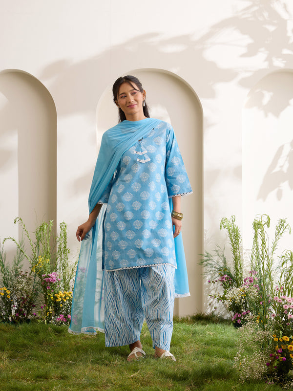 Khushal K Women Cotton Kurti And Farshi Salwar  With Dupatta Set - Blue