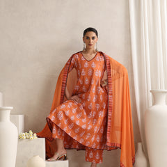 Floral Printed V Neck Pure Cotton A-Line Kurta With Palazzos & Dupatta