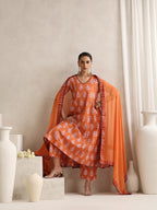 Floral Printed V Neck Pure Cotton A-Line Kurta With Palazzos & Dupatta