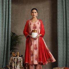 Floral Printed Pure Cotton Anarkali Kurta With Palazzos And Dupatta