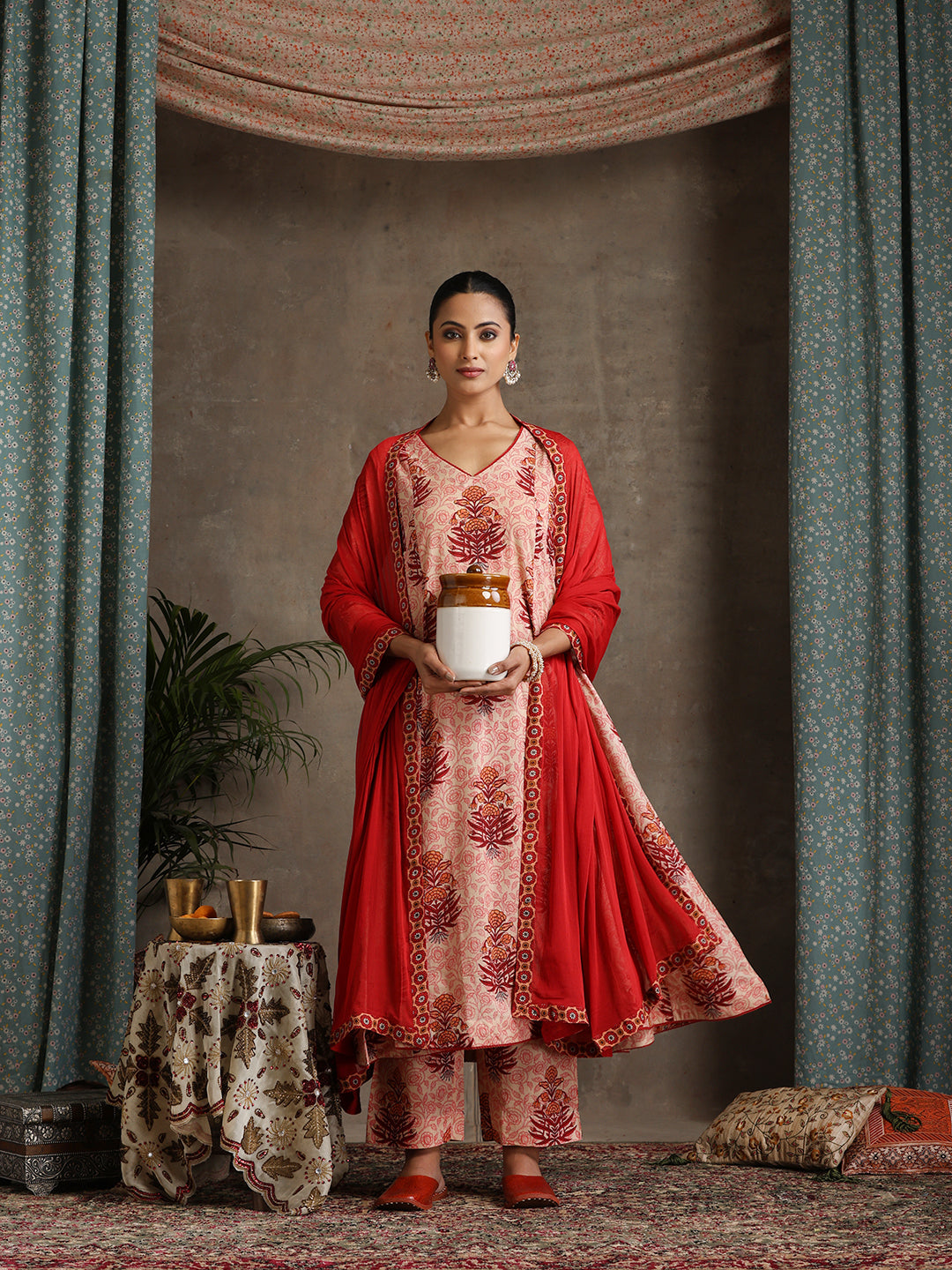 Floral Printed Pure Cotton Anarkali Kurta With Palazzos And Dupatta