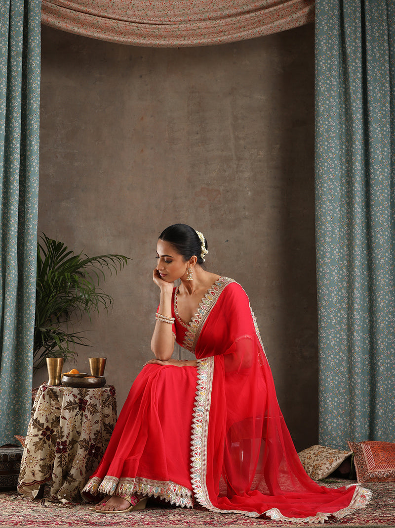 Red Poly Chiffon Fashion Saree