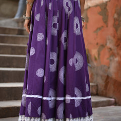Khushal K Women's Purple Printed Cotton Flared Maxi Skirt