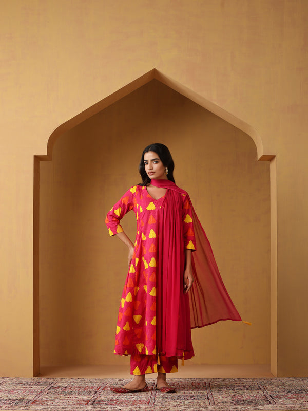 Khushal K Geometric Printed V-Neck Pure Cotton A-Line Kurta set