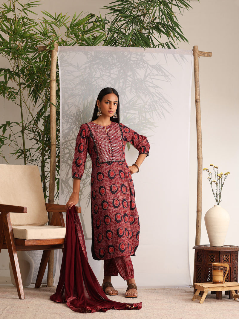 Khushal K Women Cotton kurta and Afghani Salwar with dupatta set - Maroon