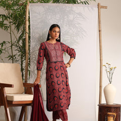 Khushal K Women Cotton kurta and Afghani Salwar with dupatta set - Maroon