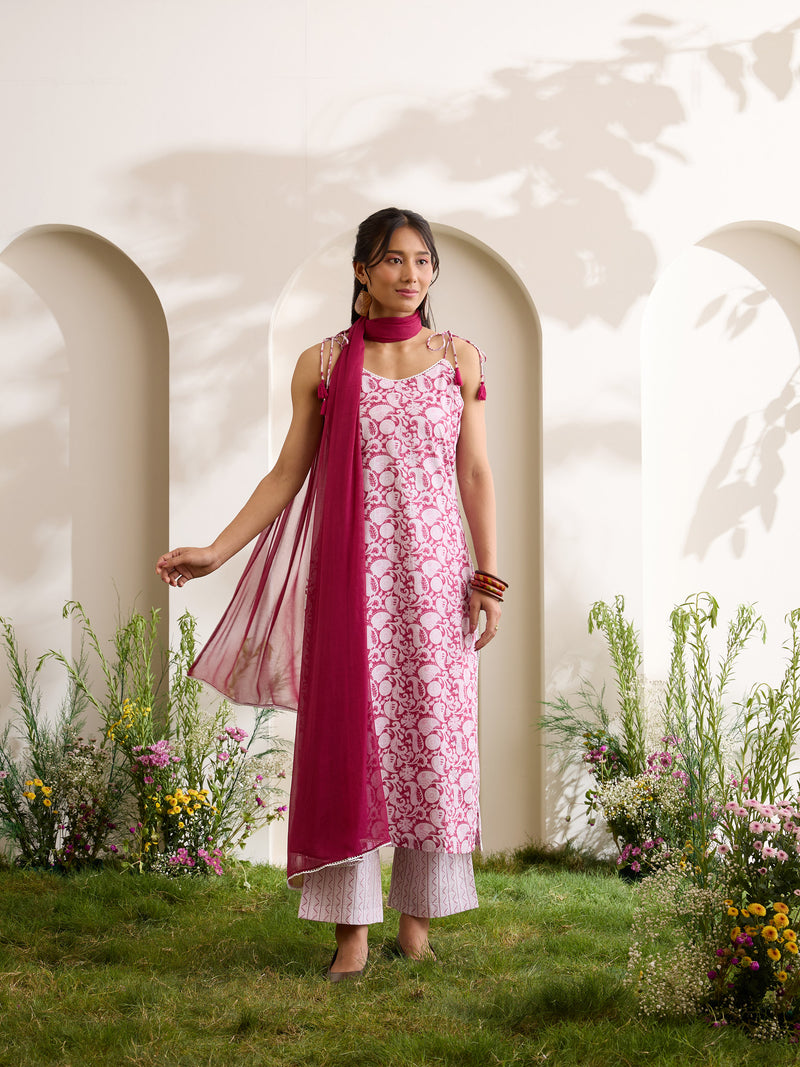 Khushal K Women Cotton Kurta And Palazzo With Dupatta Set - Maroon