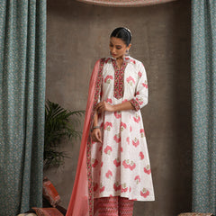 Floral Printed Mandarin Collar Pure Cotton A-Line Kurta With Palazzos & Dupatta