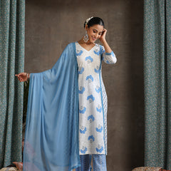 Women Floral Printed Cotton Kurta with Palazzo & Dupatta