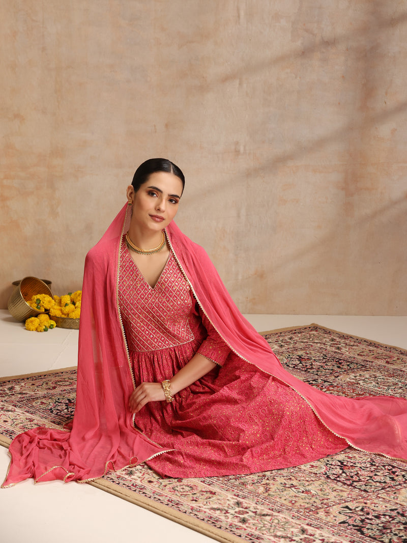 Rayon Anarkali Kurta Set featuring intricate  thread embroidery and a graceful, contrast Chiffon dupatta