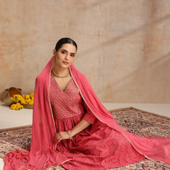 Rayon Anarkali Kurta Set featuring intricate  thread embroidery and a graceful, contrast Chiffon dupatta
