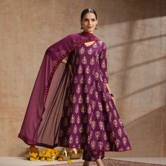 Purple, maroon & gold-toned printed kurta with trouser & dupatta