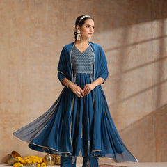Ethnic Motifs Printed Thread Work Kurta With Trousers & Dupatta