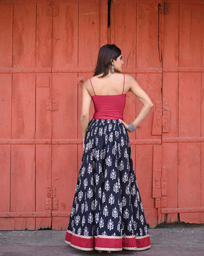 Khushal K Women's Black Printed Cotton Flared Maxi Skirt