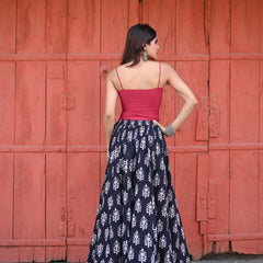 Khushal K Women's Black Printed Cotton Flared Maxi Skirt