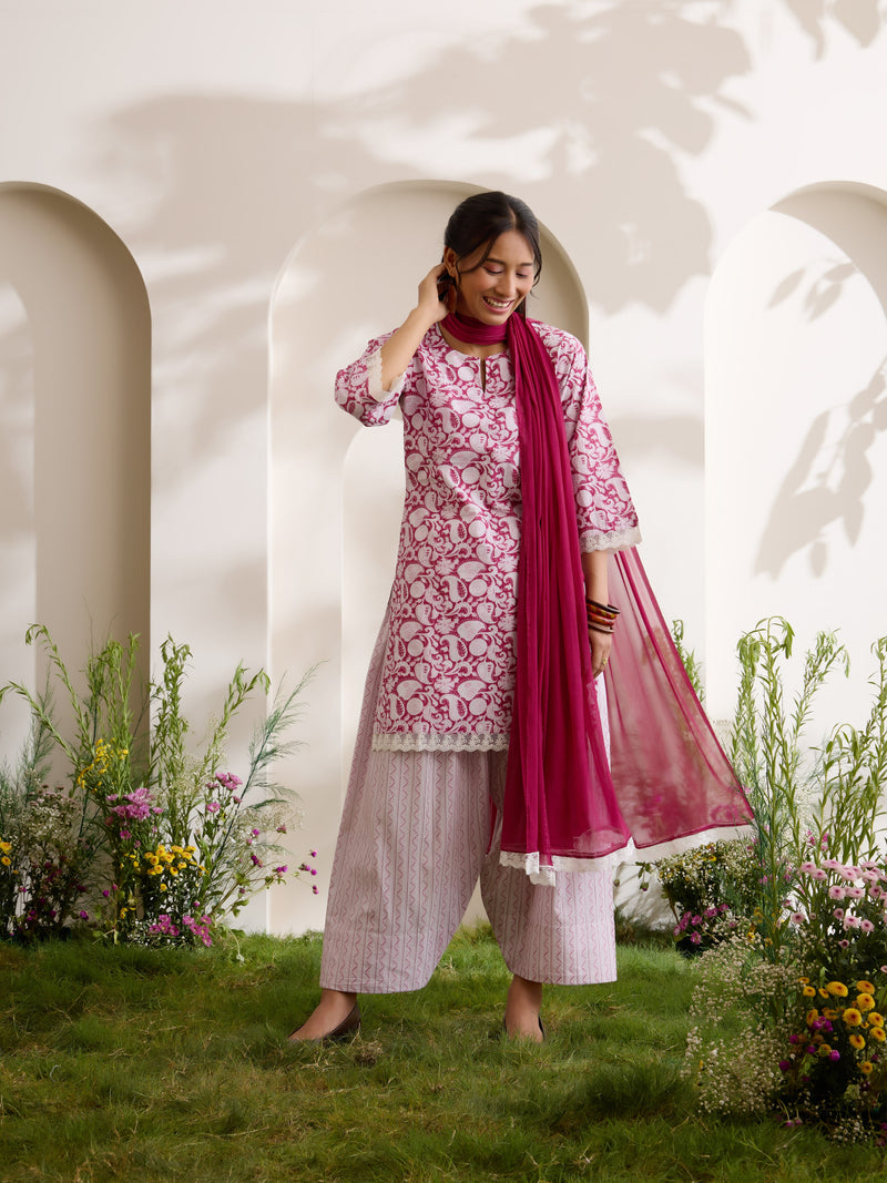 Khushal K Women Cotton Kurti And Farshi Salwar  With Dupatta Set - Maroon