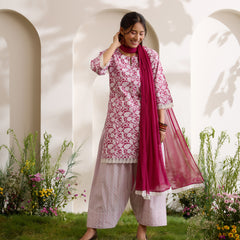 Khushal K Women Cotton Kurti And Farshi Salwar  With Dupatta Set - Maroon