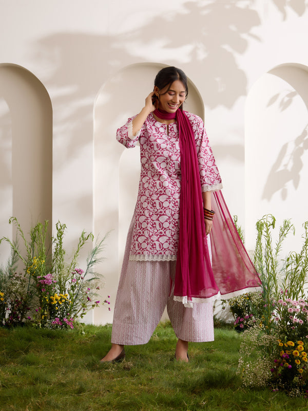 Khushal K Women Cotton Kurti And Farshi Salwar  With Dupatta Set - Maroon