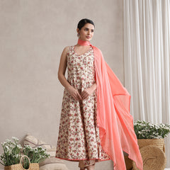Women Cream Floral Printed Angrakha Pure Cotton Kurta with Palazzos & Dupatta