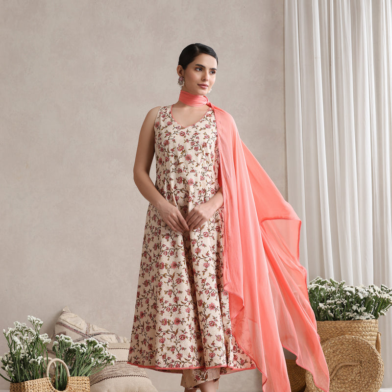 Women Cream Floral Printed Angrakha Pure Cotton Kurta with Palazzos & Dupatta - Khushal K - Image 7