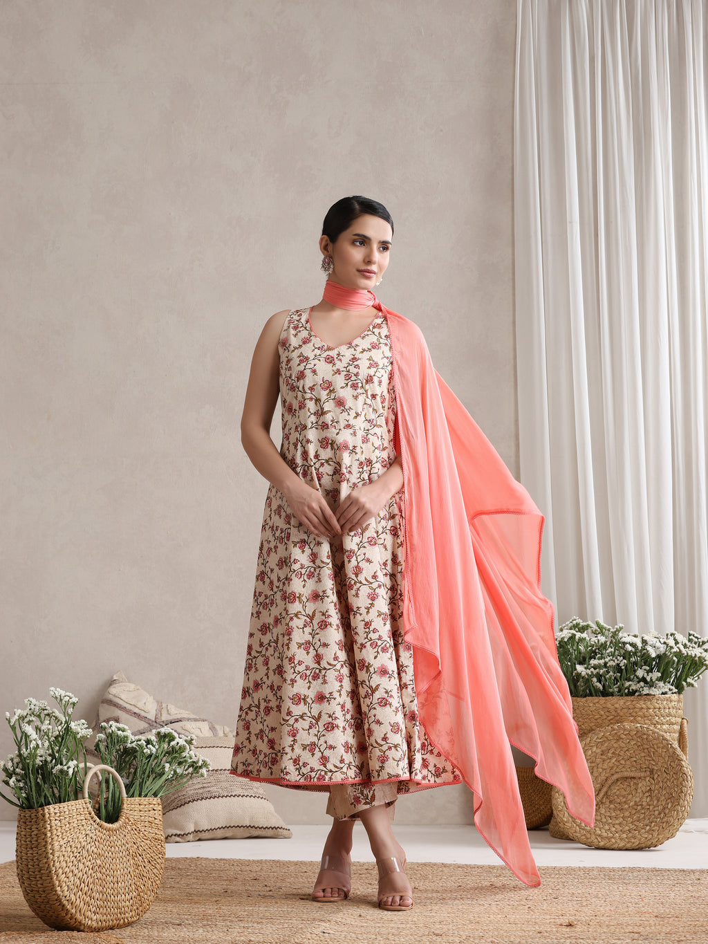 Women Cream Floral Printed Angrakha Pure Cotton Kurta with Palazzos & Dupatta