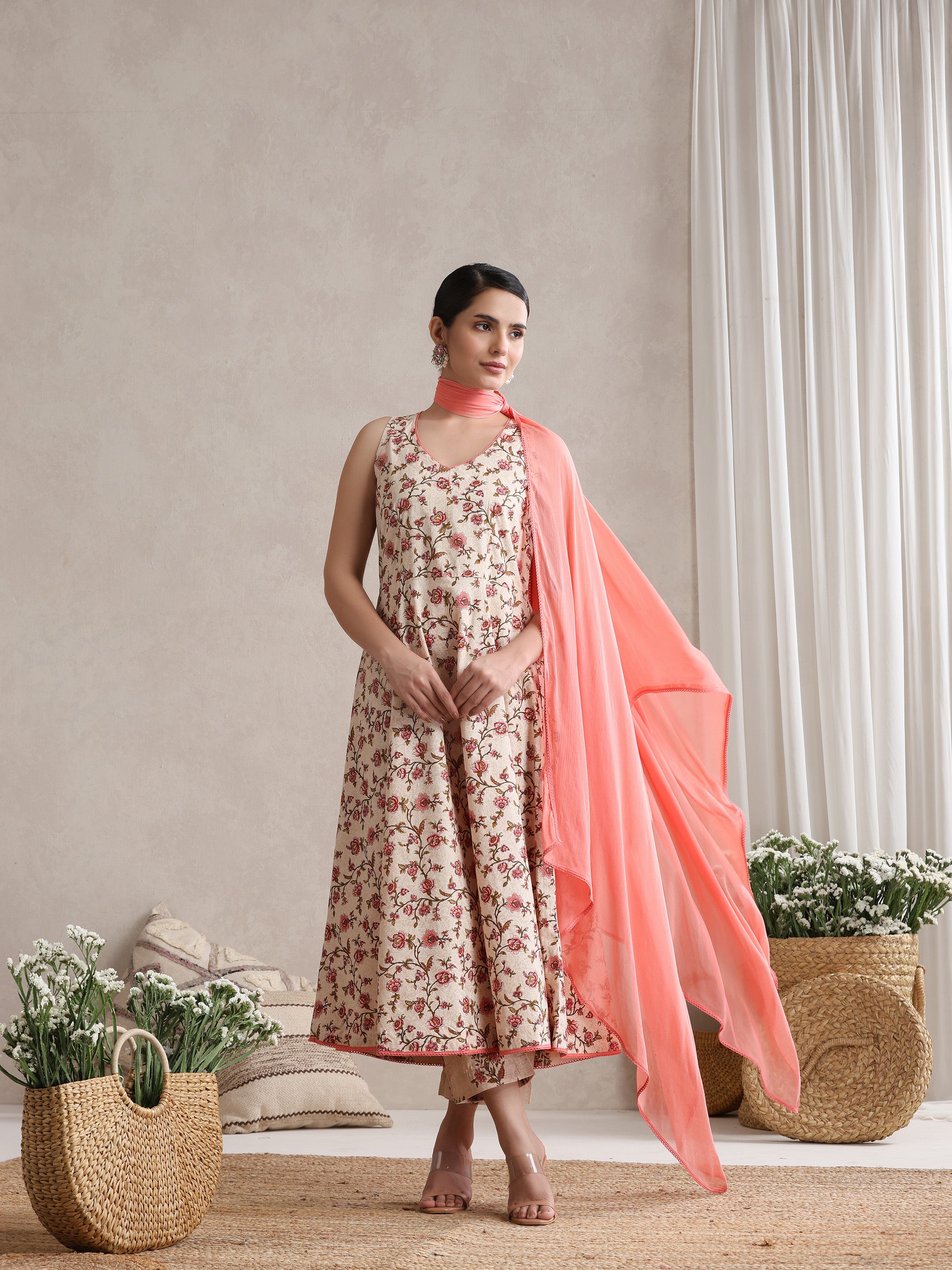 Women Cream Floral Printed Angrakha Pure Cotton Kurta with Palazzos & Dupatta