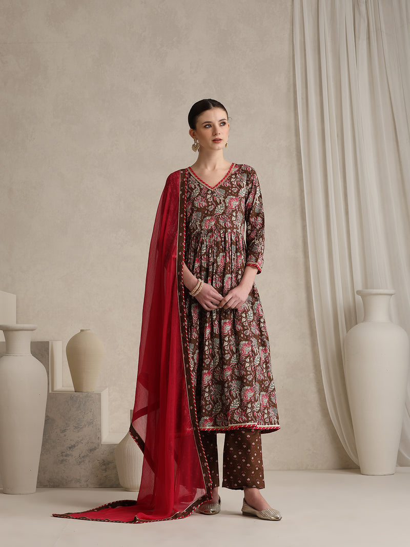 Khushal K Women Floral Printed Pure Cotton Anarkali Kurta set