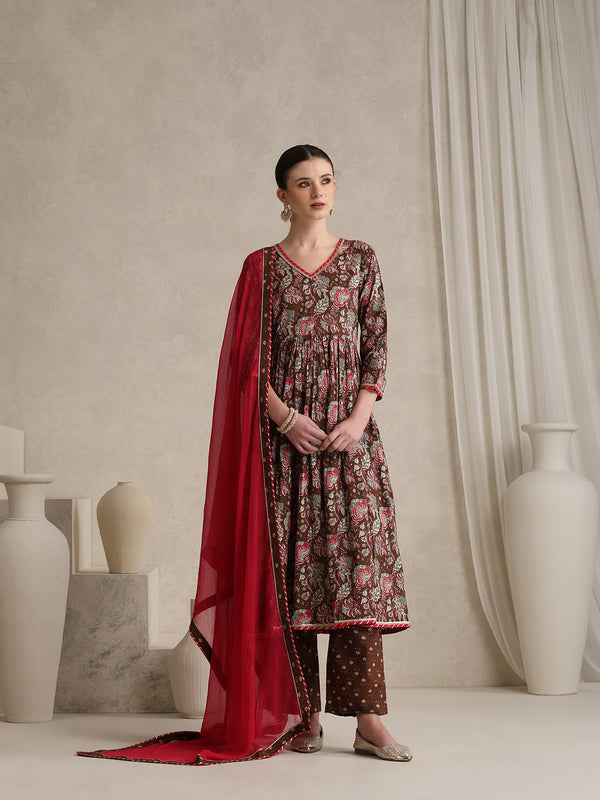 Khushal K Women Floral Printed Pure Cotton Anarkali Kurta set