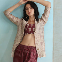 Printed Crop Top & Striped Pant Set with Jacket