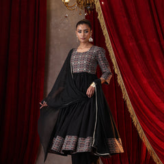Khushal K Women Cotton kurta and palazzo with dupatta set - Black