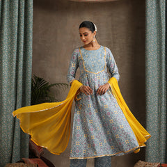Floral Printed Panelled Pure Cotton Anarkali Kurta With Palazzo & Dupatta