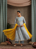 Floral Printed Panelled Pure Cotton Anarkali Kurta With Palazzo & Dupatta