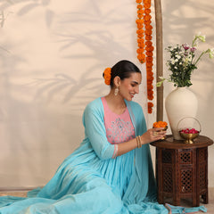 Khushal K Women Cotton Kurta and Palazzo With Dupatta Set - Turquoise Blue
