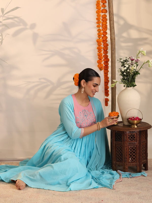 Khushal K Women Cotton Kurta and Palazzo With Dupatta Set - Turquoise Blue