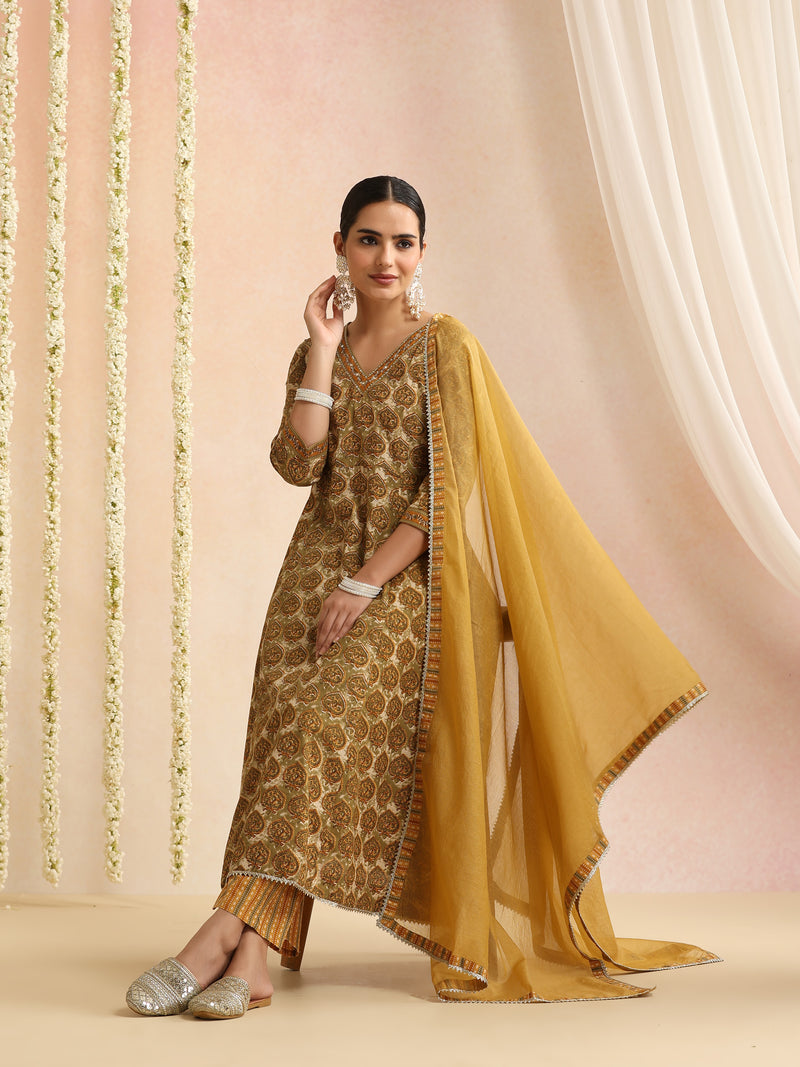 Women Ethnic Motifs Printed Cotton Anarkali Kurta with Palazzos & Dupatta
