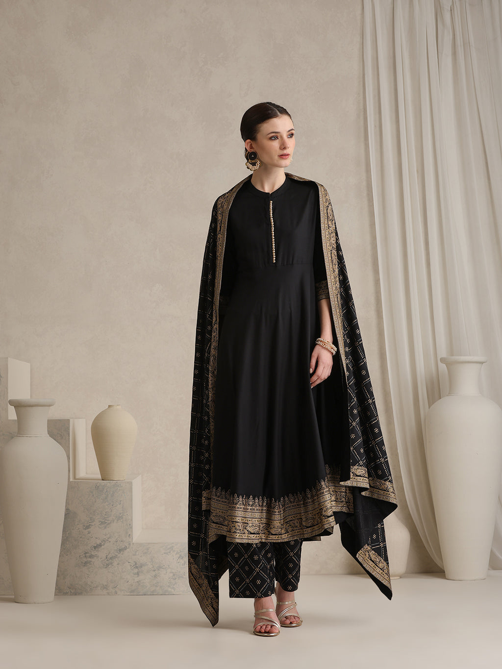 Black printed Kurta with Palazzos with dupatta