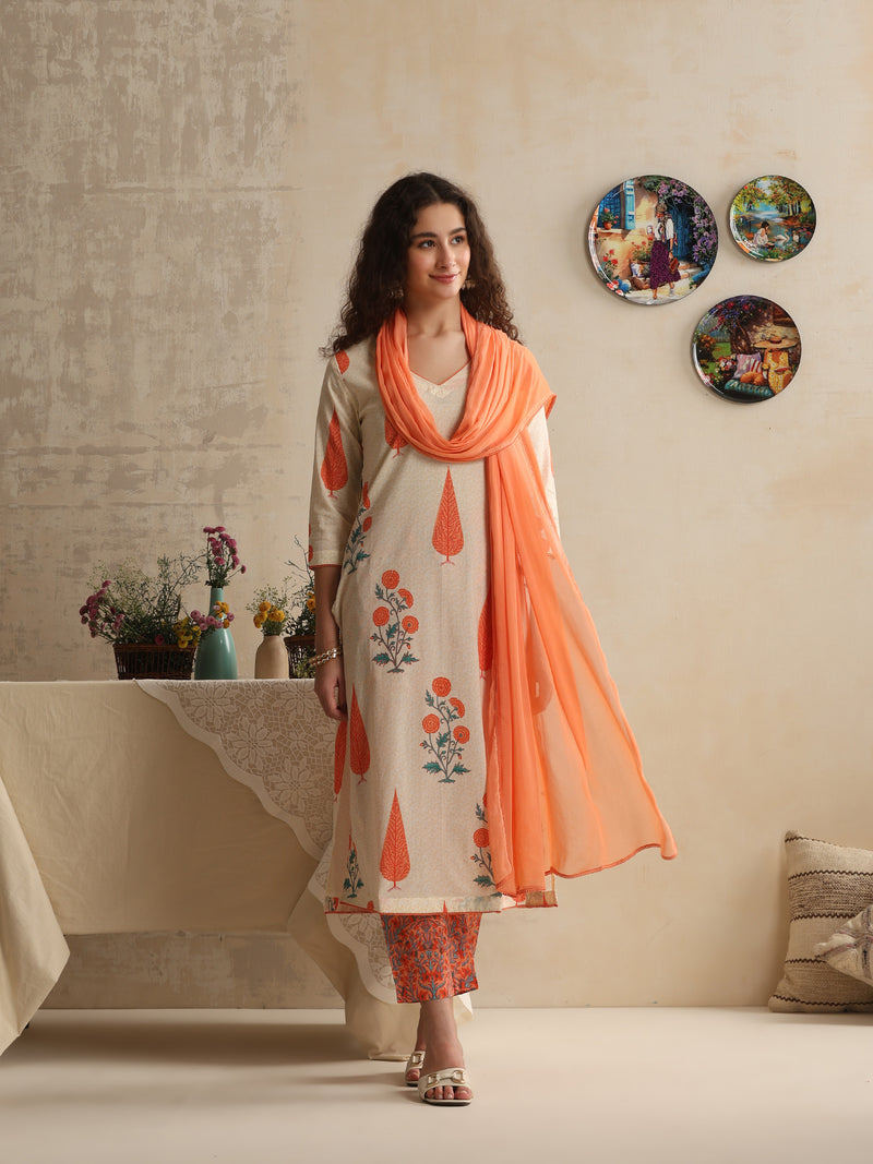 Khushal K Women Floral Off-White Printed Regular Pure Cotton Kurta & Palazzo With Dupatta