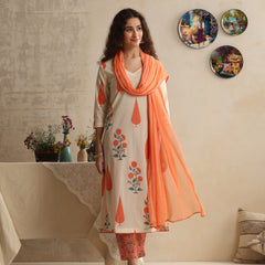 Khushal K Women Floral Off-White Printed Regular Pure Cotton Kurta & Palazzo With Dupatta