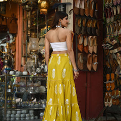 Khushal K Women's Yellow Printed Cotton Flared Maxi Skirt