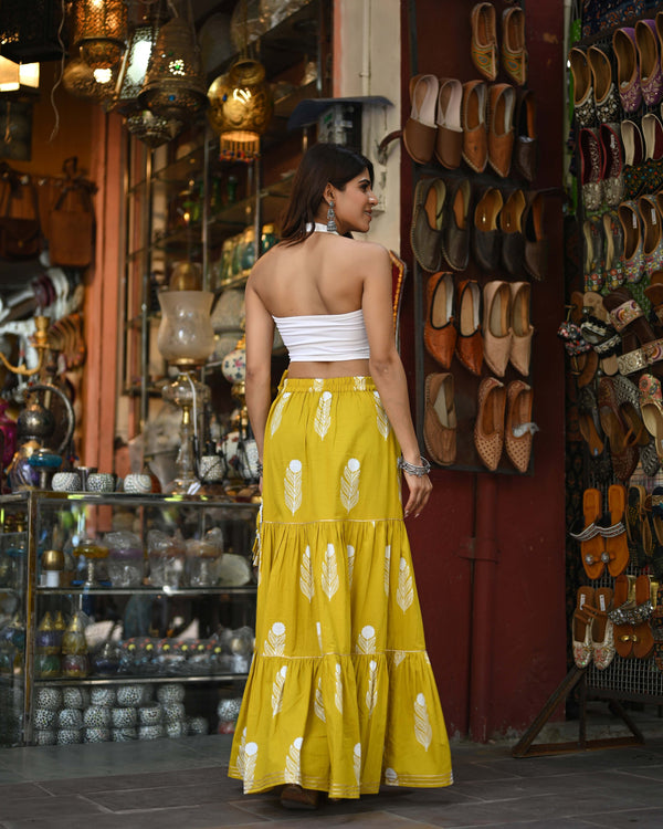 Khushal K Women's Yellow Printed Cotton Flared Maxi Skirt