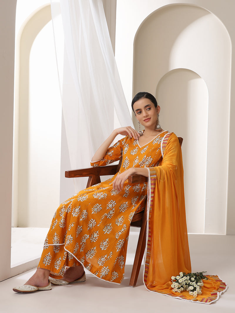 Women Floral Printed Regular Pure Cotton Kurta with Palazzos & With Dupatta