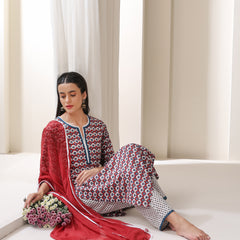 Floral Printed Notch-Neck Pure Cotton Kurta With Trousers And Dupatta