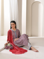 Floral Printed Notch-Neck Pure Cotton Kurta With Trousers And Dupatta
