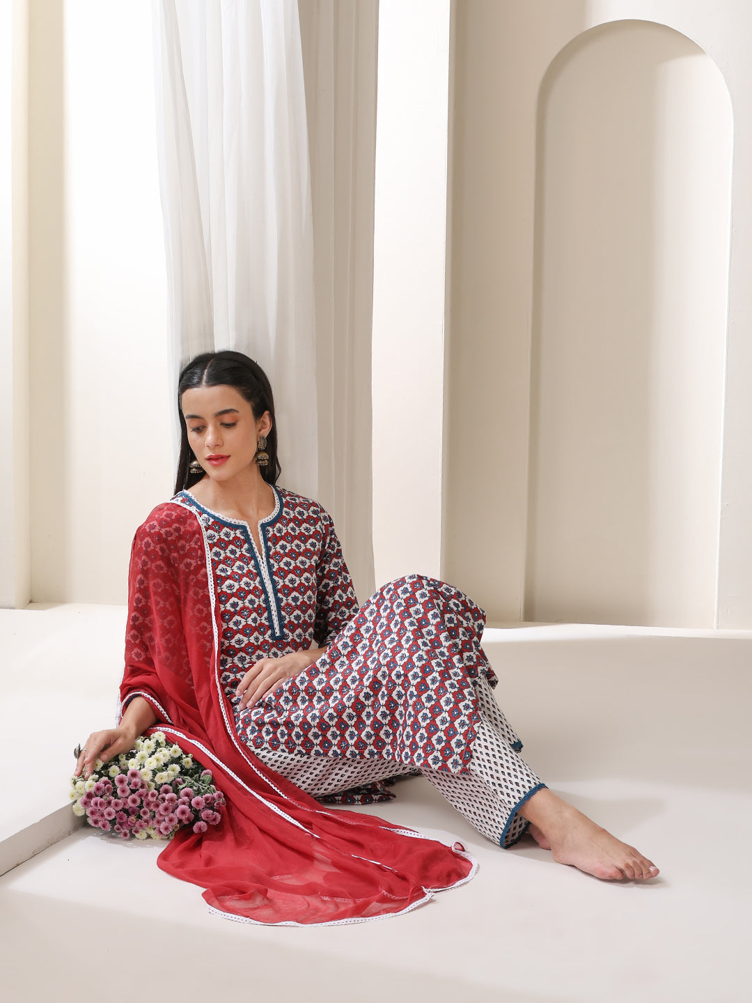 Floral Printed Notch-Neck Pure Cotton Kurta With Trousers And Dupatta