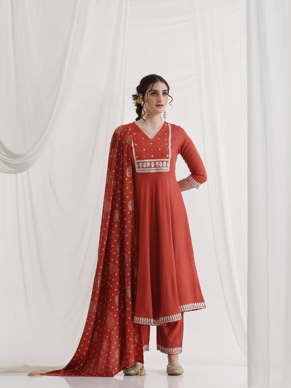 Khushal K Ethnic Motifs Rust  Anarkali Sequinned Kurta set