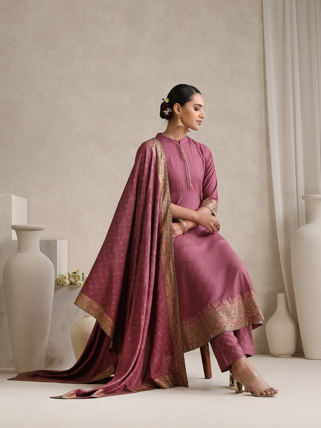 Pink printed Kurta with Palazzos with dupatta