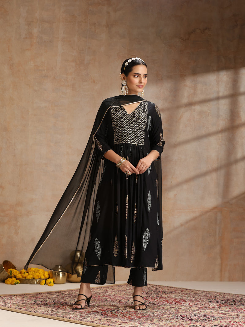 Ethnic Motifs Printed V-Neck Empire A-Line Kurta With Trousers & Dupatta