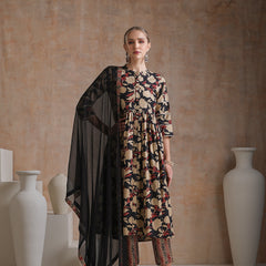 Floral Printed Mandarin Collar Pure Cotton Anarkali Kurta & Palazzos And Dupatta