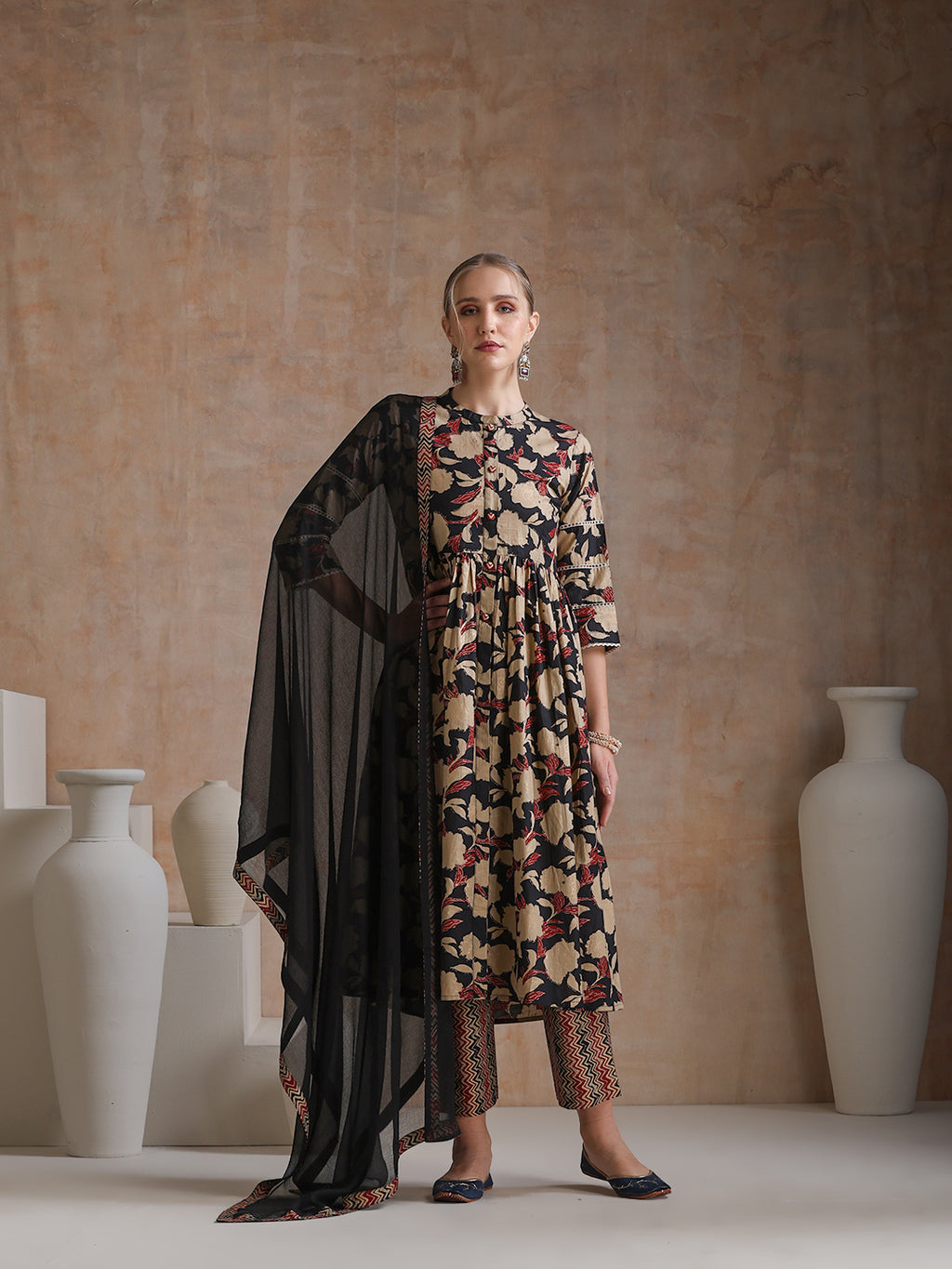 Floral Printed Mandarin Collar Pure Cotton Anarkali Kurta & Palazzos And Dupatta