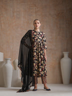 Floral Printed Mandarin Collar Pure Cotton Anarkali Kurta & Palazzos And Dupatta